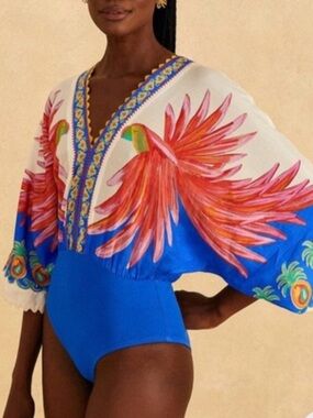 ✨ NWT FARM Rio Off-White / Blue /Coral Medium Vivid Garden Bodysuit ✨